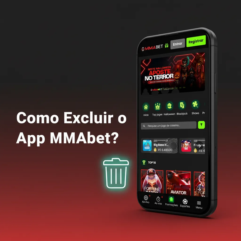 Instruções para excluir o MMAbet: no Android, toque e segure e escolha Desinstalar; no iOS (PWA), Apagar Favorito.