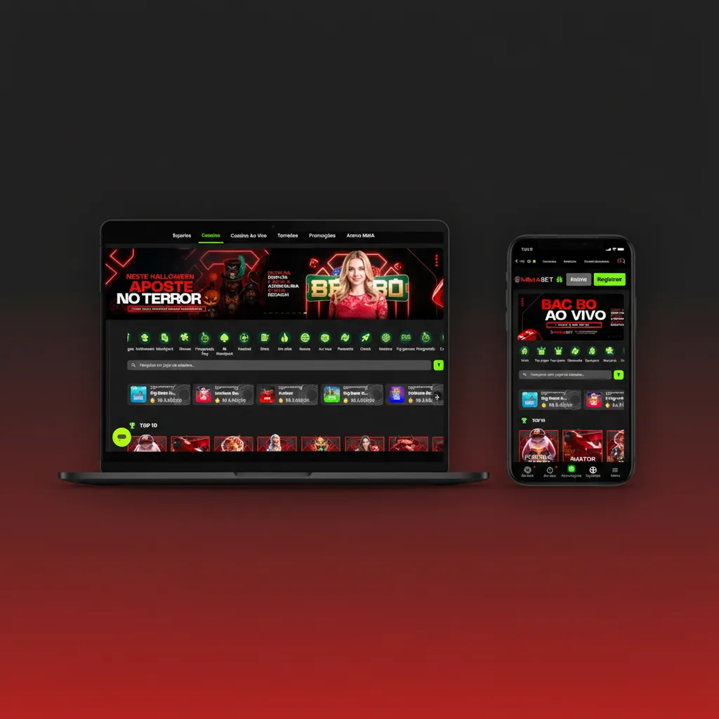 Interface MMAbet: topo fixo com Esportes, Ao Vivo, eSports, Cassino, Promoções e Suporte; busca, slip e filtros.