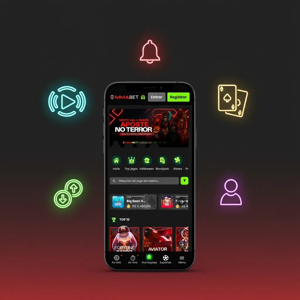 Interface do app MMAbet mostrando apostas ao vivo, odds em tempo real, cassino, alertas e Pix para depósitos e saques.